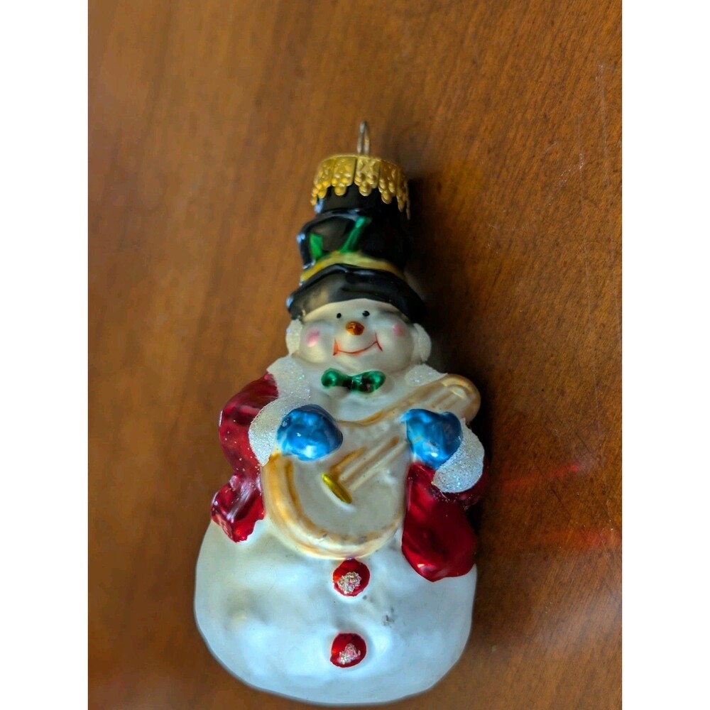 Vintage Blown Glass Snowman Banjo Ornament 3.25" Christmas Musical Figurine